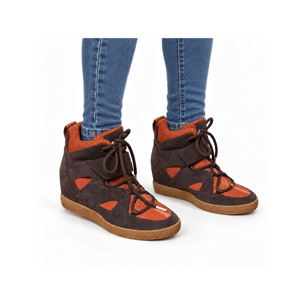 Sorel Kinetic Impact Conquest Women 8 Brown Orange Suede Wedge Sneaker NL4928